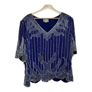 Judith Ann Plus Size 2X Blue Beaded‎ Sequined Embellished silk Party Top Blouse